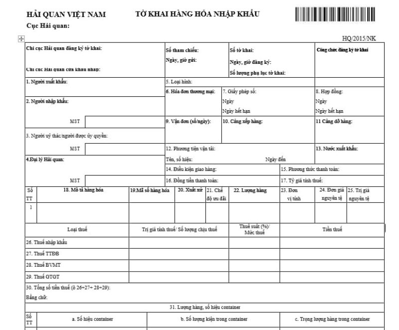 Mẫu tờ khai hải quan