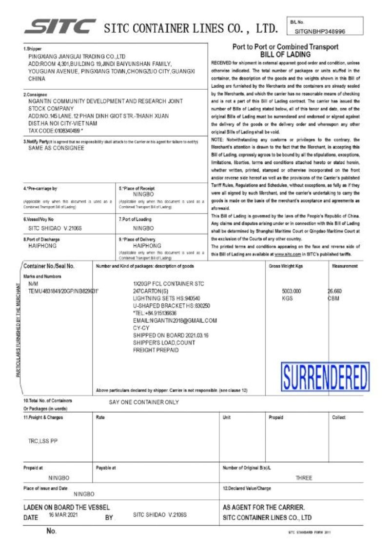 Vận đơn của lô hàng nhập khẩu